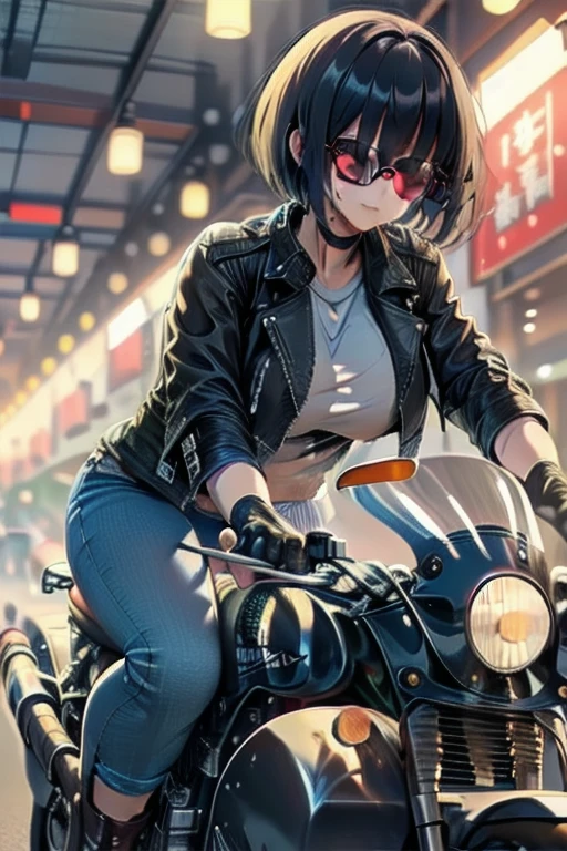 masterpiece,Highest quality,Super high-definition description,Full HD,16K,Super Resolution,Accurate Human Anatomy,Correct human anatomy,Perfect hands,Perfect Legs,fun,smile,Chinatown,night,(((Riding on motorcycle))) ,One Woman ((Short Bob,つややかなblack髪, sunglasses_Gloss))Open your eyes,Muscular,Extremely large breasts,length, Round legs,Round ass,(((leather jacket_red,jeans_Berry Short,Leather Gloves_black))) Nipples,30 years old,Japanese ((Full body image)),Dynamic Angle,funシーン