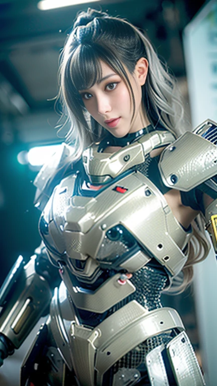 Super Detail, Attention to detail, high quality, 最high quality, High resolution，1 Female robot，Beautiful Female Robot,Beautiful and clear face(Rain Waves_Haneame：1.5)， Mechanical body(smooth metal surface，Silver Armor，Mechanical stitches in the skin，beautiful body curves)，Mechanical body structure,High-tech all over the body(Deva Battlesuit : 1.5)，Streamlined Mechanical Armor (Relatively thick，Accentuate the curves of your breasts),Technology Antenna Hair Accessories