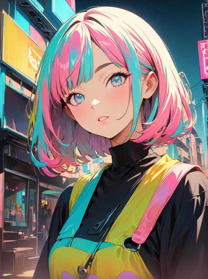 (Highest quality:1.2, City Pop Style, Very detailed, up to date, Vibrant, High Contrast, masterpiece:1.2, Highest quality, Best aesthetics), girl, ((Face Up Shot:1.4)), Colorful Hair, Bobcut, pastel colour,  ((Retro, Vintage, Plain background))