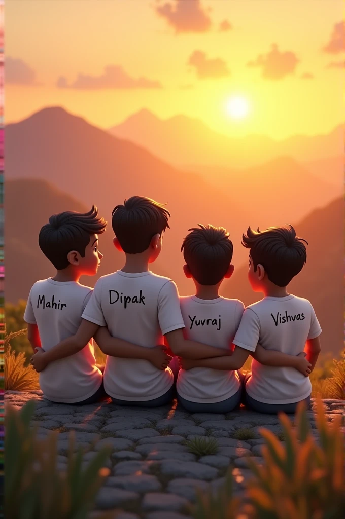 For Boys🙆♂️
"Design a scene featuring three 3D boy best friends (Aditya , Anand ) enjoying the sunset on a mountain. They wear white T-shirts with their names elegantly written in black, capturing the essence of their friendship and the golden hues of the setting sun."