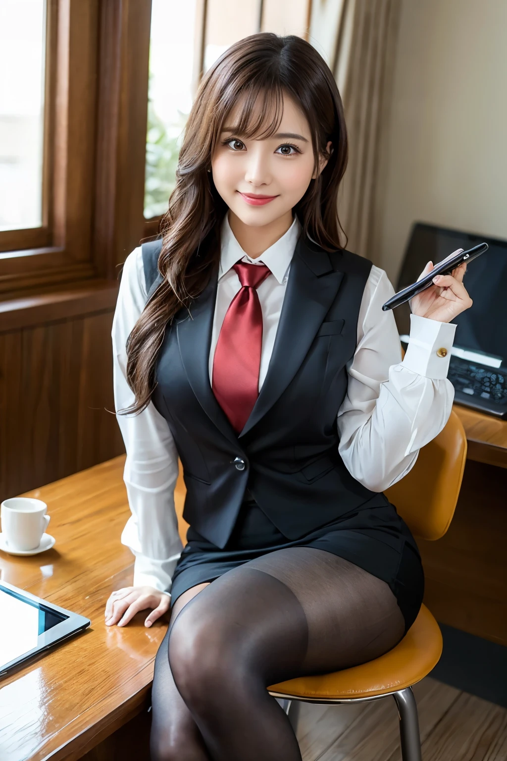 (((masterpiece))), (((Highest quality: 1.4))), ((Super detailed: 1.4)) , Woman in suit using tablet computer in room, A captivating beauty、Pencil Skirt、Ultra-realistic pantyhose、Skirts and pantyhose、A hardworking and capable beautiful secretary、work, Under the desk, you can see her legs in pantyhose as she sits on a chair、Live-action movie stills,  Full Device, With the magic tablet, Profile Pose, [ Realistic photos ]!!, Serious Work, sloth, Elegant appearance, Grin、Feeling of love、