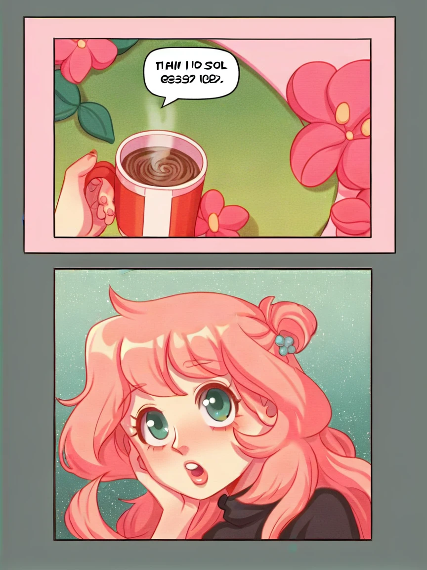 score_9, score_8_up, score_7_up, score_6_up, p4n3ls, 1girl, 1boy, coffee, flowers, long hair, panels, (8k, best quality, master piece: 1.2),super high resolution,A page of a soft pastel colored comic book divided into frames、Romeo and Juliet、A princess falls in love with a prince、speech bubble、Powerful girl manga style