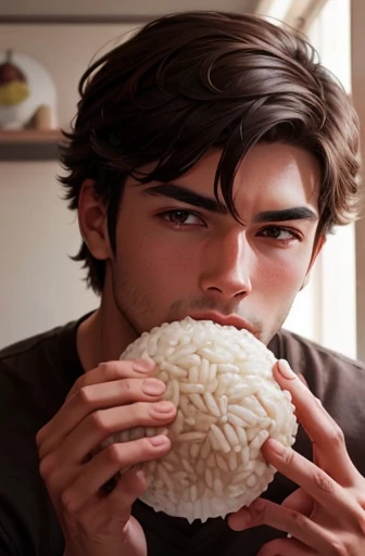 A young man eating a large rice ball