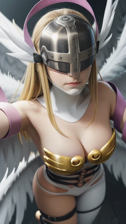 Angewomon, fully body, model posing, Angewomon, blonde hair, (covered eyes:1.7), long  hair, large bosom, usando helmet, 
BREAK angel wings, bareshoulders, elbow gloves, feathered wings, mitts, head wings, helmet, へそ, pink bow, cinta, single elbow glove, single glove, thigh strap, wings,
break olhando para o espectador, 
break ao ar livre, citys, 
break (master part:1.2), best quality, high resolution, Unity 8k papel de parede, (illustration:0.8), (beautiful detailed eyes:1.6), extreme detailed face, perfect lighting, extremely detailed CG, (perfect hands, Perfect Anatomia),