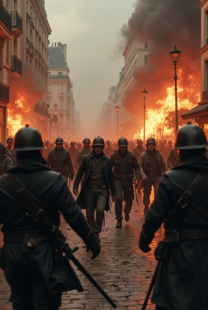arafed image of a group of soldiers in a city, zack snyder cinematography style, inspired by Kazimierz Wojniakowski, waldo in the top right of frame, dark color. explosions, crowd of longhairs, shot on anamorphic lenses, take cover, 3 dmax, orcs, screencap