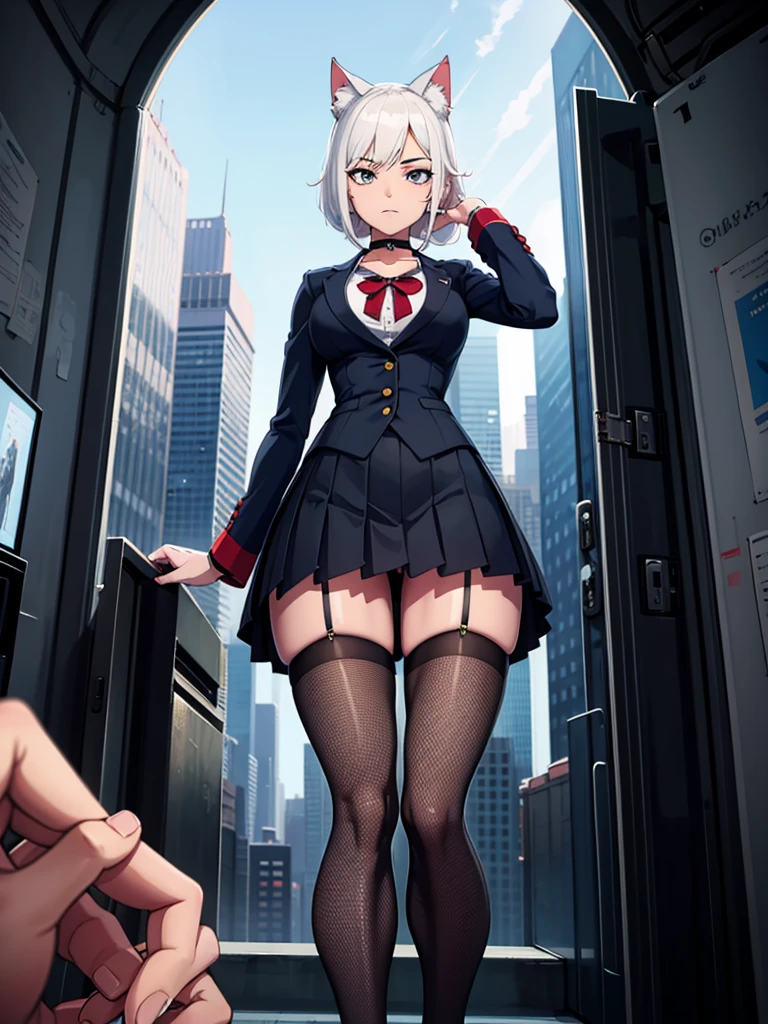 score_9, score_8_up, score_7_up, 32k, 1girl, solo, catgirl, fishnet stockings, pleated skirt, in skyscraper, futuristic interior, looking down on viewer, downwards perspective, closed mouth, choker