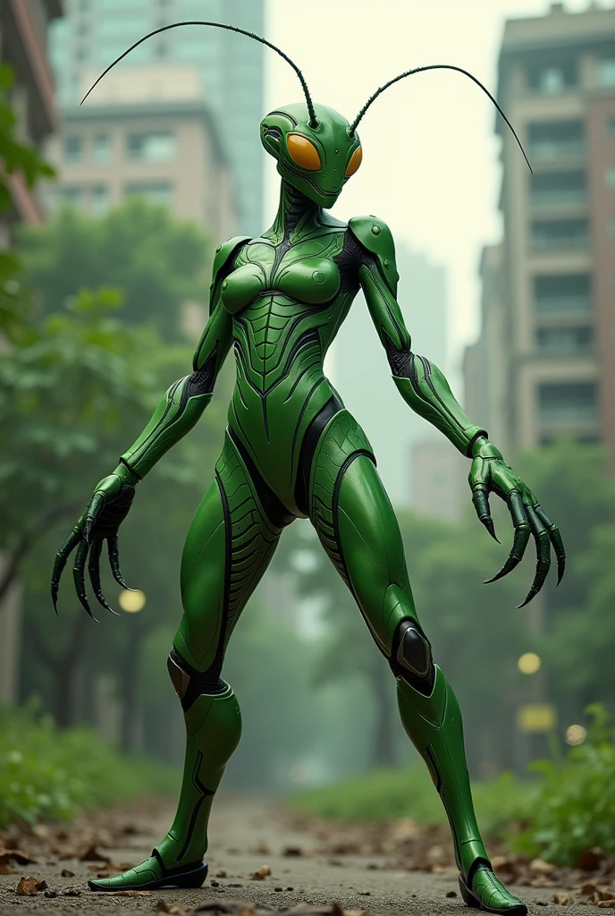 (Best Quality, 4K, 8K, High Definition, Masterpiece: 1.2), (Ultra Detailed, Realistic, Photorealistic: 1.37), fashion model of female android bearing the distinctive traits of a praying mantis, crafted to be both alluring and fearsome in equal measure. Her form is sleek and streamlined, resembling the elegant silhouette of a dancer, yet overlaid with an unmistakable aura of danger.
Her metallic exoskeleton gleams with a lustrous sheen, reflecting the ambient light in shades of emerald and jade. Each segment of her body is meticulously designed to emulate the intricate carapace of a mantis, conveying both strength and agility.
Her elongated limbs are adorned with serrated edges, reminiscent of the serrations found on the legs of a real mantis. These razor-sharp appendages are capable of delivering devastating blows or executing precise, surgical movements with equal ease.
Her face is an enigma, simultaneously captivating and unsettling. Smooth synthetic skin covers her features, giving her an appearance of ethereal beauty, yet her eyes betray a cold, calculated intelligence. They gleam with an otherworldly glow, hinting at the depths of her artificial mind.
From her slender neck, a pair of delicate antennae extend gracefully, swaying with every subtle movement. These antennae serve as both sensors and communication devices, allowing her to perceive the world around her with unparalleled precision.
As she moves, her motions are fluid and graceful, reminiscent of a dancer performing an intricate ballet. Despite her mechanical nature, she exudes an air of predatory elegance, each movement calculated for maximum efficiency and lethality.
In the world of science fiction, she is both a marvel of engineering and a formidable adversary, a reminder of the dangers that lie in the unchecked advancement of technology. She is the embodiment of beauty and danger, a creature to be both admired and feared in equal measure.
(full body)