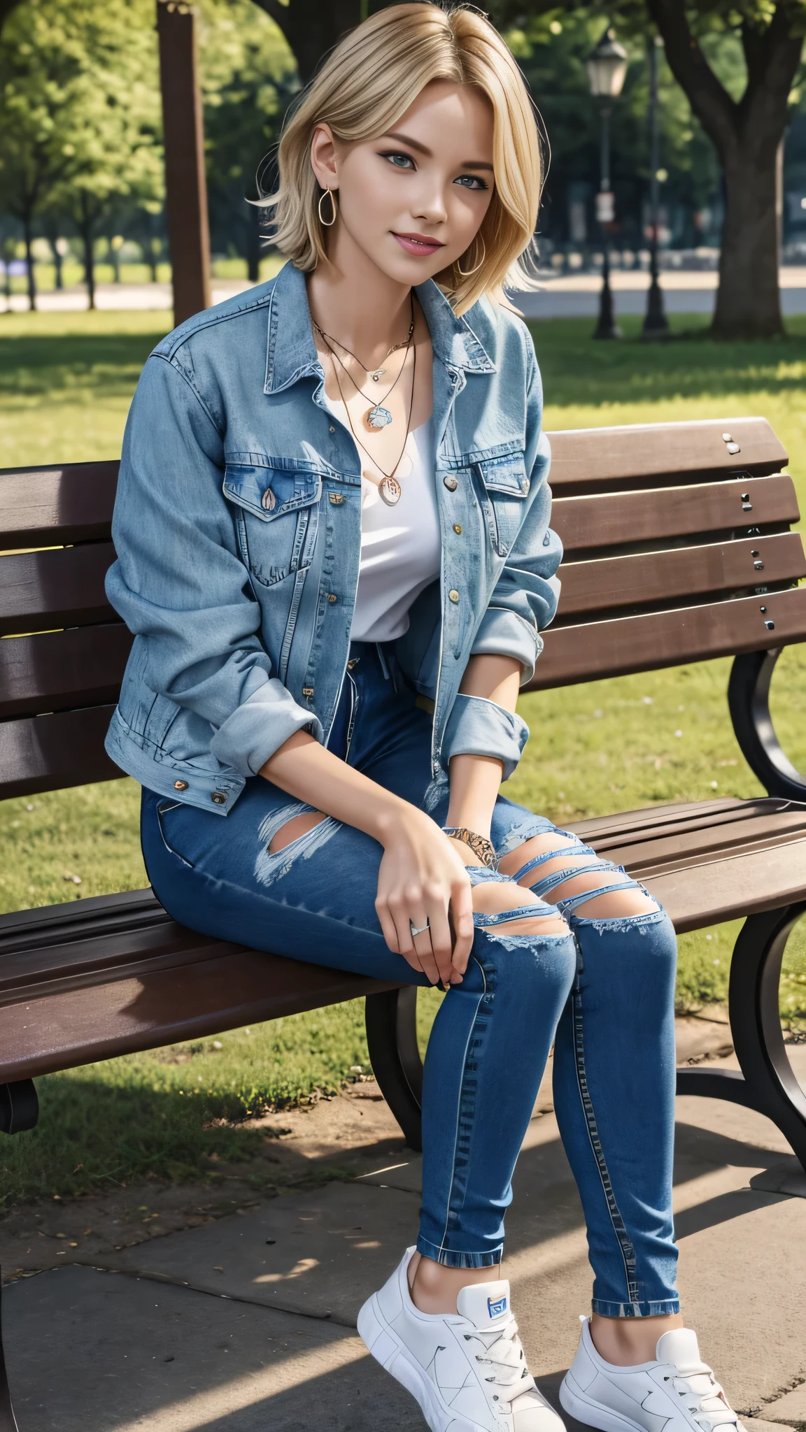 Super Resolution、Clear French woman、Full body photo、sitting on a park bench、Blonde Hair、Blue eyes、Short Haircut、Wavy Hair、Ear piercing、、necklace、Denim jacket、shirt、Skinny jeans、sneakers、、Beautiful teeth alignment
