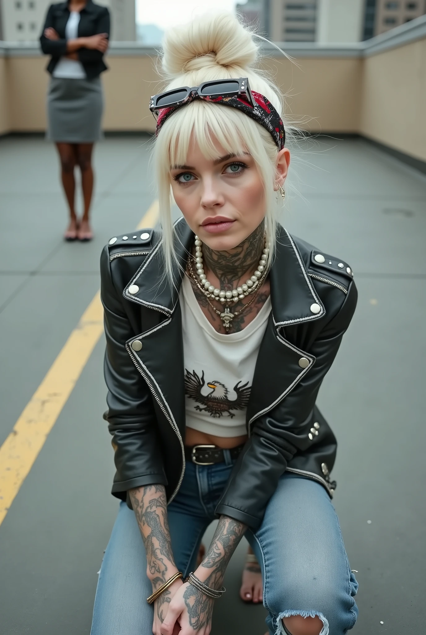 Anglosaxon old milf woman, , blonde platinum hair (ponytail, colourful bandana as headband), with very light green eyes, extremely pale. .Wearing studded cropped black moto jacket (verical zippers on the sides,skull badges on sleeves). Black lace push up bra, skinny dark blue jeans with worn and dirty knees.m Silver Chelsea boots with cuban heels. Lots of thick wide studded bracelets, chain collars and big rings. Tacky wide studded leather belt, with big skull and bones round buckle. Long earrings with chains. Squatting on a large torm, dirty usa flag, looking at the photographer. Craving heavily. Hands on knees. Waste and trash all over the floor. Her studded leather bag, thron away. Looking at the camera, chin up. Toned abdominals, thin neck, slim legs and thin arms. Neck, chest, belly, hands and arms completely tattoed. Dirt road of Nairobi after the rain, puddles on the ground, crowded with muscular shirtless men in jeans, street full of puddles, discarded food, fruits and garbage. Her studded black leather bag is a few metres behind her, her belongings scattered on the ground