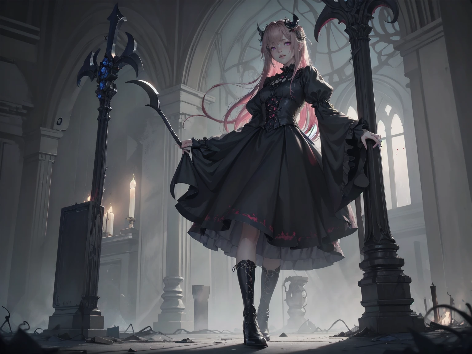 shaded face　、beautiful girl、とてもcute天使、Pink T-shirt、cute、Baby Face、smile、Long skirt、Black long boots、.(Highest quality,4K,High resolution,Masterpiece 1.2),Very detailed,Realistic 1.37,Spooky altar background,Dark fantasy,Red color scheme,Ominous atmosphere,Eye-catching,Storytelling,anatomy,Anime Style,Concept Art,beautiful細部までこだわった顔と (((Red eyes ))),A terrifying ritual ,Satanic Ritual,Premature death,inappropriate behavior,クレイジーなsmile,Scythe Face,Girl Monster, beautiful, Delicate facial features, Sharp Eye, Sharp Fangs, pale skin, Dark Background, Cinema Lighting, Dramatic Shadows, Gothic style, Gloomy atmosphere, Dark fantasy, one person&#39;s, Please open your mouth wide, Open your mouth and baring your teeth,Sharp teeth like a beast, Wide lips, very wide mouth, Vermilion cheeks, ,(Blood splatter1.3),Scary smile, smile,Angel Design, Twisted smile、Bloody、bleeding from the head,,,,,、Blood splatter、,(Blood splatter1.3),skull,Horror Style, ((Fantasy Sweet Ta Frill Pink Costume)), ((Flowing blonde hair)), ,(Blood splatter1.3),Female curves, Sexy flat stomach, Perfect hands, Perfect anime face, (Pink Tata Dress)), Are standing, ((邪悪なsmile)), ,(Blood splatter1.3), Steam circulates, Moonlight Illumination, night lighting, (Blood splatter1.3),アニメAngel Design, Twisted smile、Bloody、bleeding from the head,,,,,、Blood splatter、,(Blood splatter1.3), skull,Gothic architecture、Western architecture、Fantasy World、,Victorian cities, Skeleton Gas Light,Absurd, High resolution、 ((Tabletop)), ((Highest quality)), (Very detailedな), ((Very detailed)), (beautiful), ((cute)), (nfsw1.8), alone,(1.6)、(world&#39;The most terrifying and creepy demon girl 1.5)beautiful face、Whole Body Ezbian、pale, beautiful肌、beautiful金の髪、優しくsmileむ、Dark building ruins、(snow white&#39;Frill dress 1.3)、(The dark ruins are stained with blood 1.3)、Low angle full body shot、(少女は血の海の中にAre standing1.2)、(The ground is .3)、(The girl lost a lot of blood....1.3)、(クレイジーなsmile1.6)、Spirits、(Blood dripping from the mouth 1.3)、
