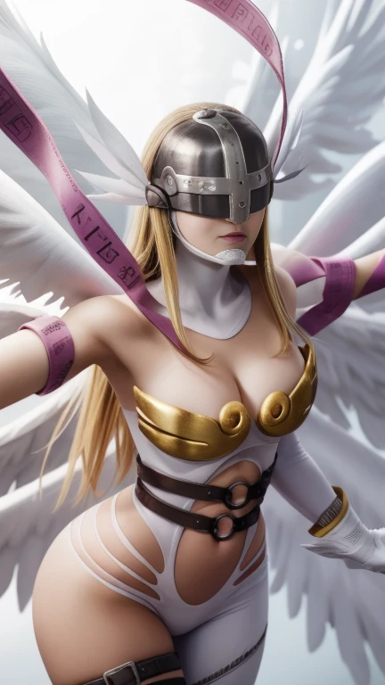 Angewomon, fully body, model posing, Angewomon, blonde hair, (covered eyes:1.7), long  hair, large bosom, usando helmet, 
BREAK angel wings, bareshoulders, elbow gloves, feathered wings, mitts, head wings, helmet, へそ, pink bow, cinta, single elbow glove, single glove, thigh strap, wings,
break olhando para o espectador, 
break ao ar livre, citys, 
break (master part:1.2), best quality, high resolution, Unity 8k papel de parede, (illustration:0.8), (beautiful detailed eyes:1.6), extreme detailed face, perfect lighting, extremely detailed CG, (perfect hands, Perfect Anatomia),