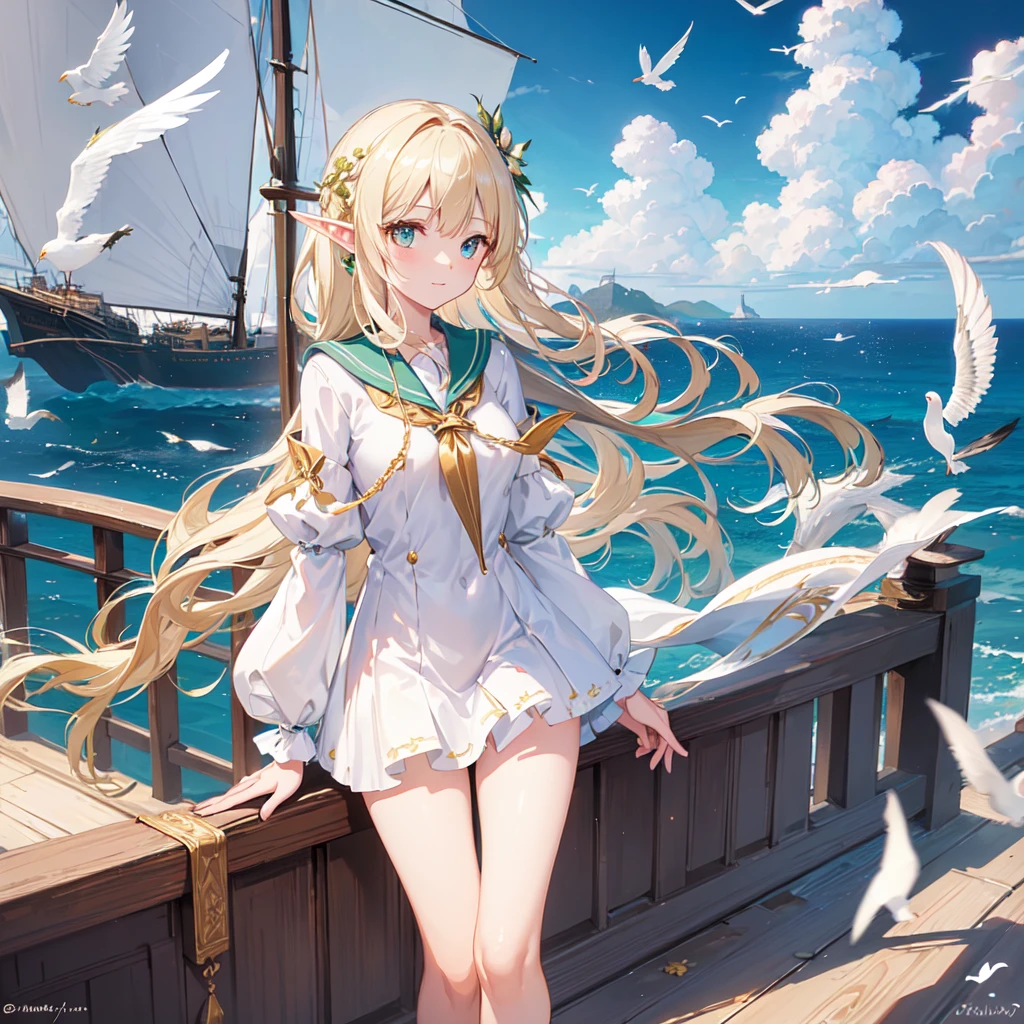 ((Masterpiece)), (((Best quality))), ((Ultra-detailed)),  (Amazing:1.1), Beautiful, Nature, sky and ground, Big wind, wind blown, Line Cloud,Light shoot from the cloud, In the middle of a lush remote foliage jungle，(1 girl:1.3),solo,Elf,blondly,long hair,Ancient Greek style robes,(upperboob outcut:1.3),(Pubic and thigh outcuts:1.3), an award winning photograph, BLN-L24, exposure,High contrast,Low saturation,High saturation 8k 3D, F 2.8lens, Aerial view, Cinematic lighting