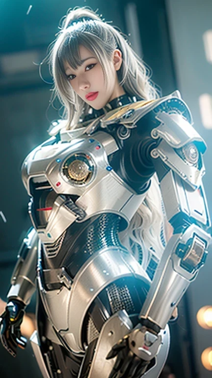 ((girl, Mecha)), Glowing eyes, Delicate face, Damaged Armor, Mechanical aura, Mechanical arm, Show your shoulders，White hair, Long hair, Ceramic body, Thigh gap, Small Breasts, (translucent, Reflective Skin), 8K, best quality, Extremely detailed, (Surrealism: 1.4),  Gradient background，black background