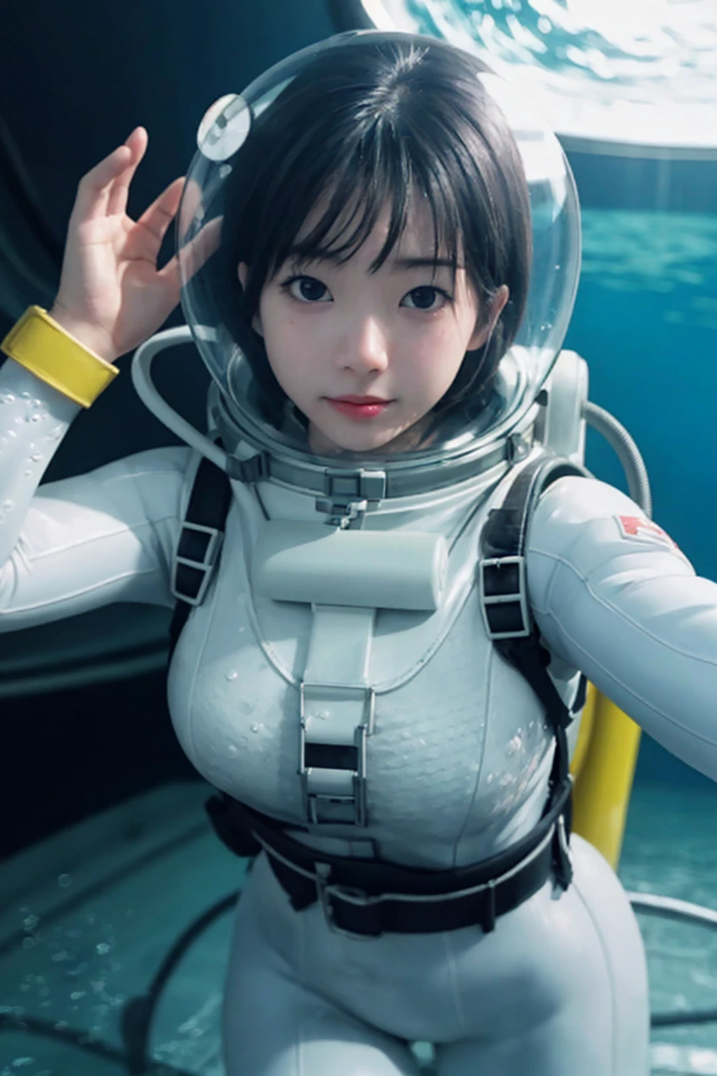 (8k, RAW photo, best quality, masterpiece), (photorealistic), outstanding details, ultra-high resolution, anatomically correct, textured skin, space helmet, helmet, , diving lama
underwater, 
(Cute Japanese girl , 20-year-old), bodysuit