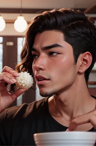 A young man eating a triangular rice ball