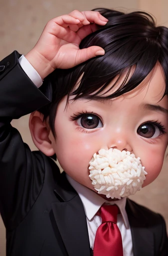 A toddler holding a rice ball close to his mouth、Black suit、Red short haired toddler