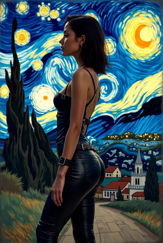 A stunning digital artwork featuring a full body shot of a stunningly realistic and beautiful young woman of Albanian descent. She is doing a frontal shot, She's making a mischievous expression while looking at the camera .She has naturally dark brown hair styled in long, loose waves, hazel eyes, and a heart-shaped face with high cheekbones and a strong jawline. Her slim, athletic body is accentuated by Dua Lipa´s iconic Levitanting Music Video Mini-Dress, a Swarovski-Crystal Versace Minidress, The design of the dress features a plunging neckline, a fitted silhouette that highlights the curves of the body and a short skirt with a slight flare, giving it a dynamic and modern look. The futuristic cityscape behind her seamlessly blends elements of Vincent van Gogh's Starry Night and Café Terrace at Night masterpieces. A thought bubble above her head reads "My sugarboo, I'm levitating", showcasing her playful and imaginative spirit. The artwork masterfully juxtaposes Van Gogh's timeless artistic brilliance with the dynamic, contemporary world., illustration, painting