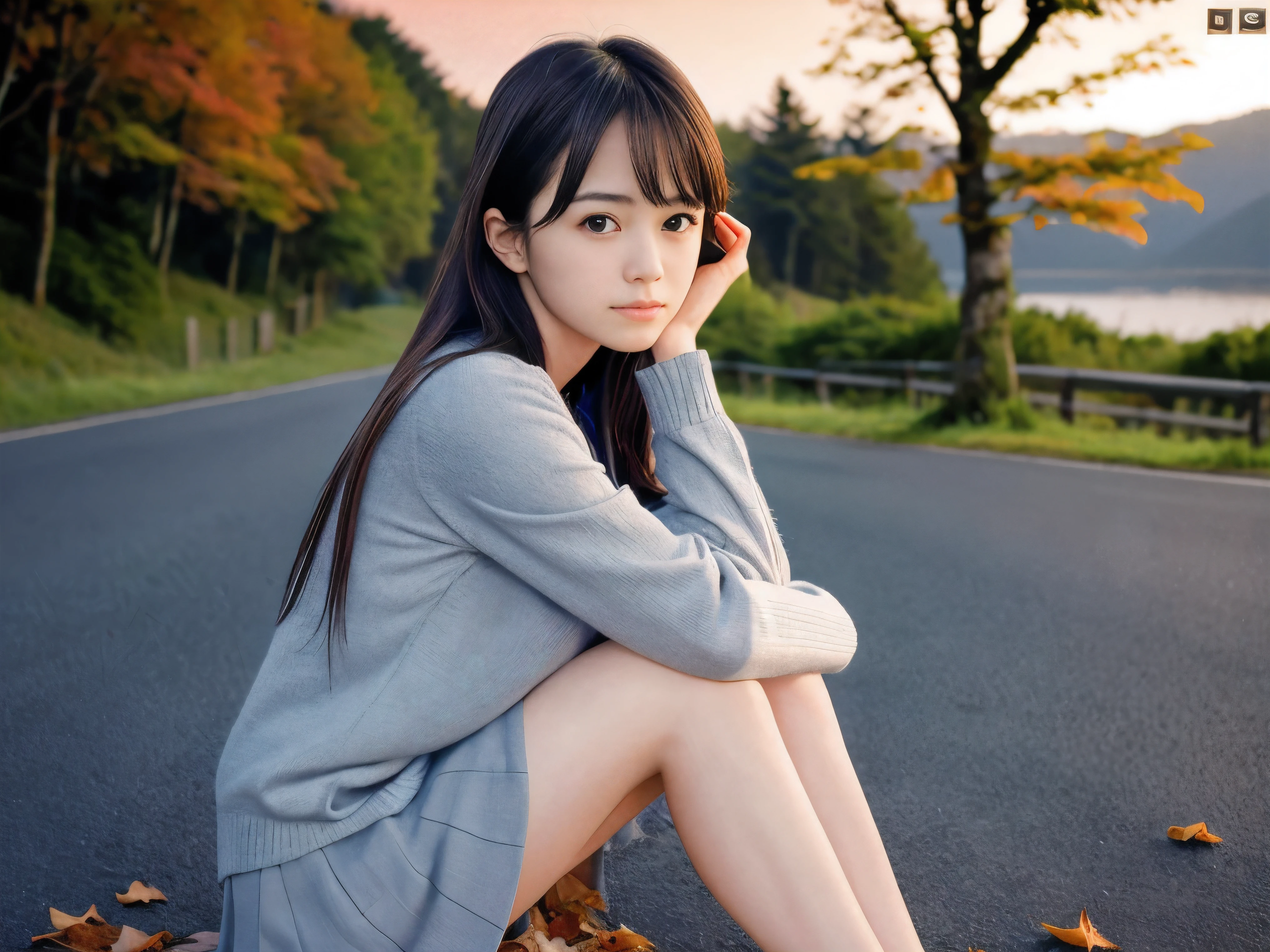 (Close up face shot of one slender small breasts dark silver long hair with swept bangs girl in a long sleeves shirt and sweater and skirt:1.5)、(One girl is looking over there with lonely sad face on the dart road near the lake and big waterfall in Japan:1.5)、(Beautiful autumn red leaves and sunset red sky landscape:1.5)、(Natural light:1.5)、(blurred background:1.5)、(8k ultra detailed master piece:1.5)、(perfect anatomy:1.5)、(Photorealistic stick:1.5)、(Raw photo:1.3)、(highest quality:1.5)、(High resolution:1.3)、(Delicate and beautiful perfect face:1.3)、(Delicate and beautiful eye air skin:1.3)、(Real Human Skin:1.3)、((thin legs))