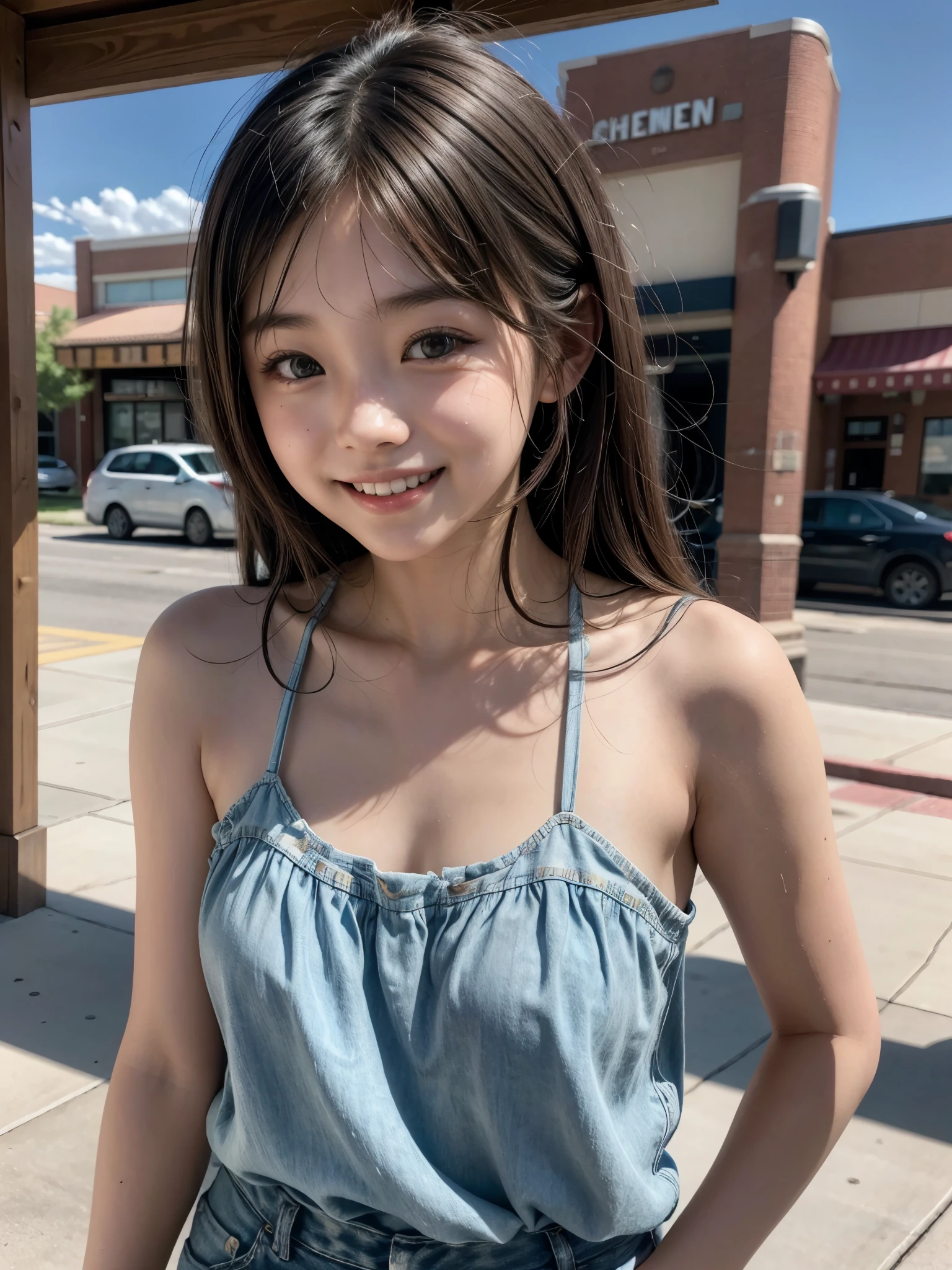 ((20-year-old:1.2)), ((Japanese elementary school girls:1.2)), (Baby Face:1.2), (two little girls), (two little virgin girls), (two little virgin female students), (two female students), (two girls), (135cm tall:1.1), ((Very short stature:1.2)), (((flat chest:1.2))), ((((flat chest like a boy:1.2)))), (navel-baring), (belly button exposed), Young girls are wearing very short denim, baby blue micro mini high cut overalls dress. over completely naked and carrying school bags on their backs as they walk to school along the school route in a residential area, ((not wearing panties)), ((not wearing bra)), (She is her small titsed at Flat chest chest with her is not wearing underwear), (love showing off cute my body in a very short denim baby blue micro mini high cut overalls dress), (naked micro mini high cut overalls dress), (wearing only micro mini high cut overalls dress), (sleeveless),