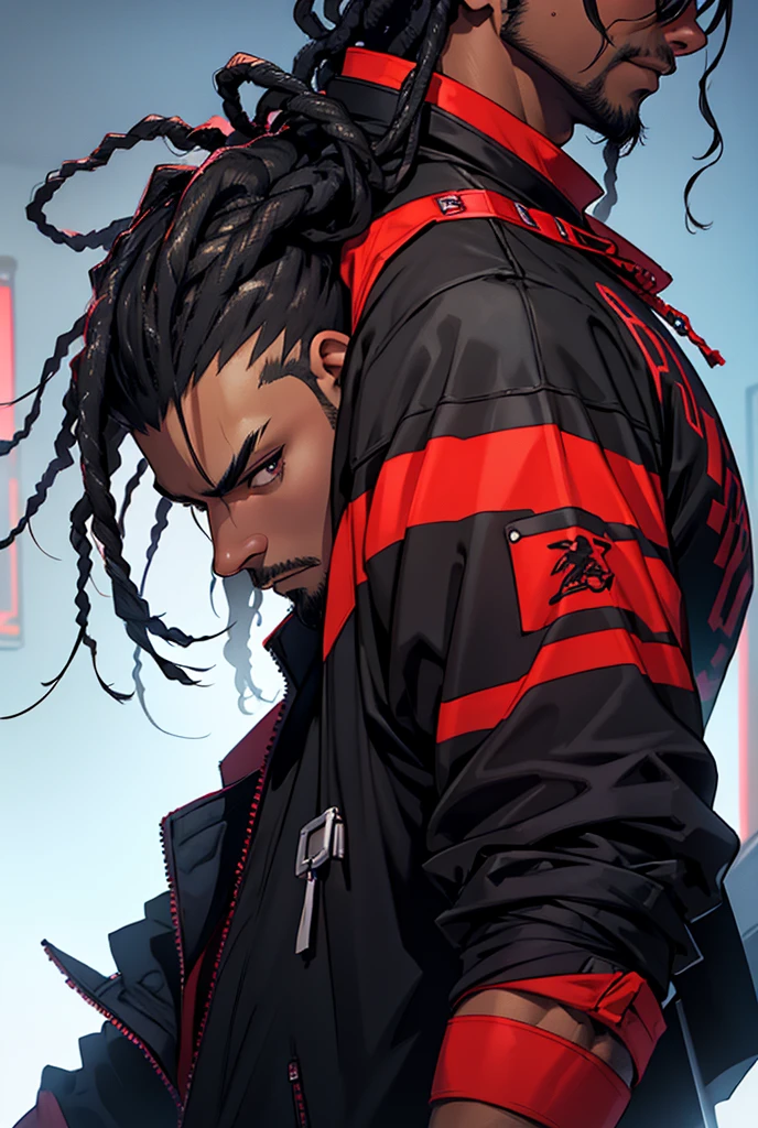 1male, dark skin, dreadlocks, grinning, golden eyes, red and black suit, tattoos, ripped suit, city background, detailed background, hands to side, standing on path