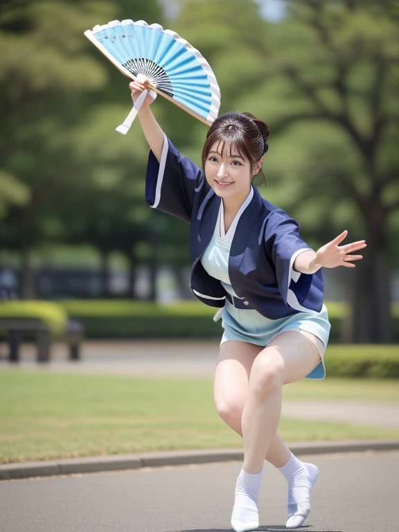 Photo-realistic quality、A Japanese woman wearing a white happi coat and holding a folding fan is dancing the Awa Odori dance in the park, Holding a blue and white fan、Cute playful pose of the dancer, White socks、Traditional Japanese Kimono、looking at the camera、Detailed and beautiful eyes、Cute smile、A soft and gentle look、Thin thighs