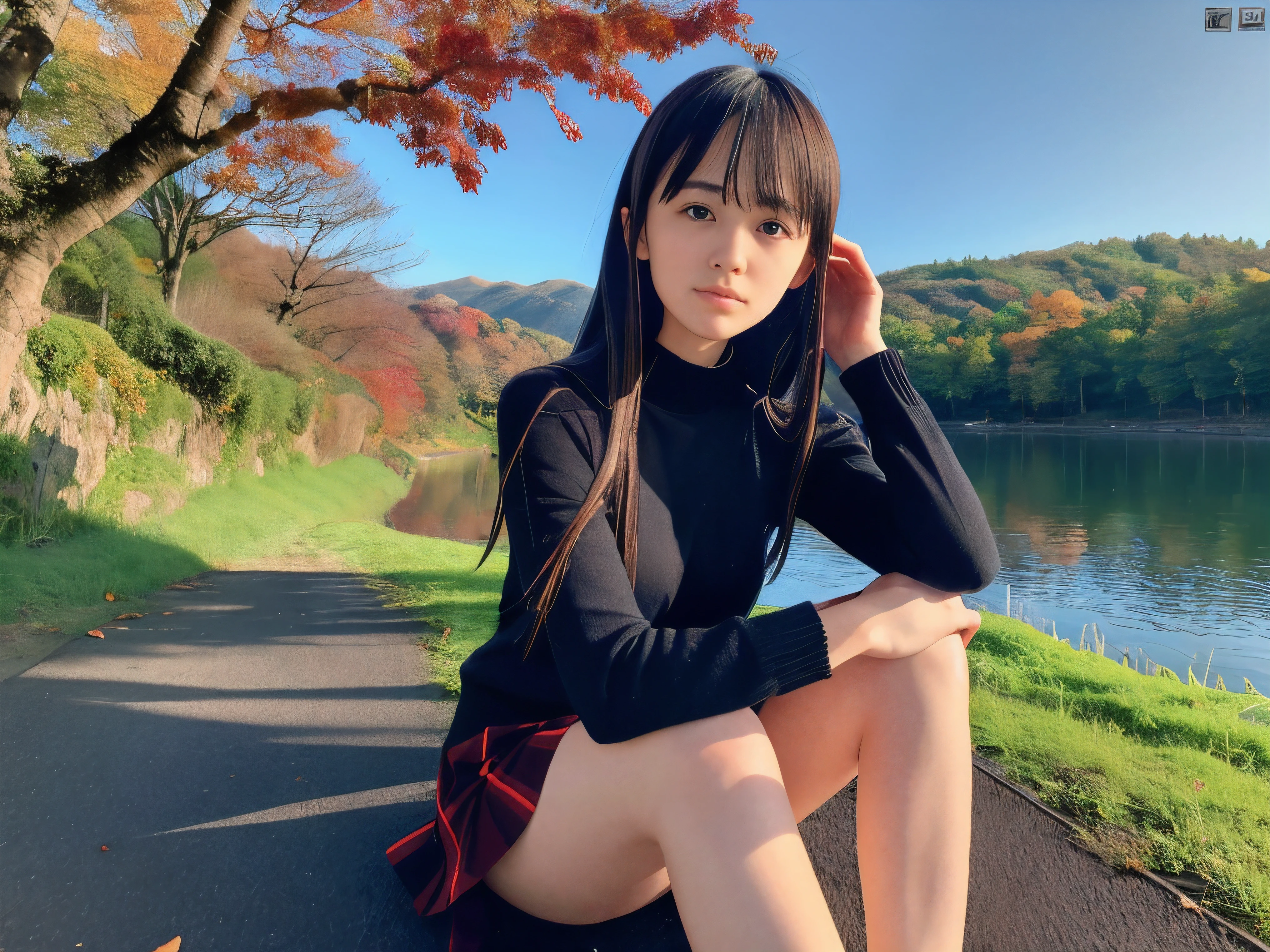 (Close up face shot of one slender small breasts dark silver long hair with swept bangs girl in a long sleeves shirt and sweater and skirt:1.5)、(One girl is looking over there with lonely sad face on the dart road near the lake and big waterfall in Japan:1.5)、(Beautiful autumn red leaves and sunset red sky landscape:1.5)、(Natural light:1.5)、(blurred background:1.5)、(8k ultra detailed master piece:1.5)、(perfect anatomy:1.5)、(Photorealistic stick:1.5)、(Raw photo:1.3)、(highest quality:1.5)、(High resolution:1.3)、(Delicate and beautiful perfect face:1.3)、(Delicate and beautiful eye air skin:1.3)、(Real Human Skin:1.3)、((thin legs))