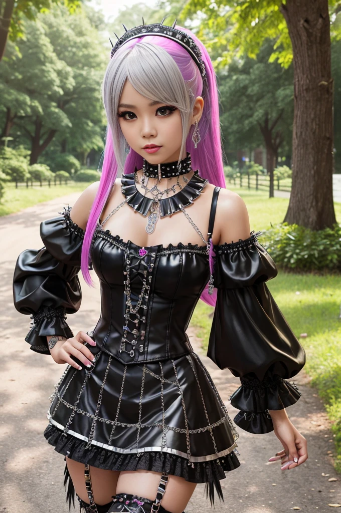 sexy stylish Thai model, only 1 female, long multicolor stylish hair, ((shiny Punk-Style boots)), (big smile), ultra detailed eyes, professional makeup, lipgloss, ((sexy Punk Lolita cosplay)), unconventional skirt, petticoats, high neckline, ((ultra detailed lace)), ((ultra detailed embroidery)), intricate details, tartan patterns, ((silver chains)), ((silver spikes)), ((safety pins)), Punk Lolita accessoires, Punk Lolita choker, ((large sparkling Punk Lolita jewelry)), cinematic light, detailed large park background with trees