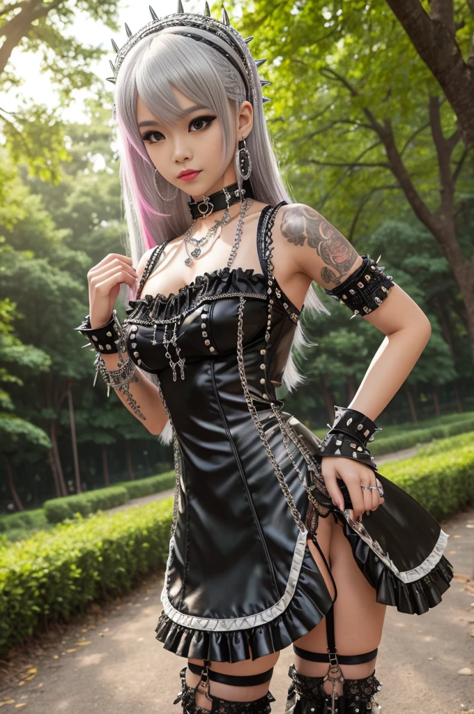 sexy stylish Thai model, only 1 female, ((doll-like appearance)), long dramatic platinum blonde stylish hair, ((shiny Punk-Style boots)), (sexy smile), ultra detailed eyes, Punk makeup, lipgloss, ((sexy Punk ta cosplay)), unconventional skirt, petticoats, high neckline, ((ultra detailed lace)), ((ultra detailed embroidery)), intricate details, tartan patterns, silver chains, silver spikes, safety pins, Punk Loliccessoires, Punk Lolita cr, ((large sparkling Punk Lolita jewel, cinematic light, detailed large park background with trees