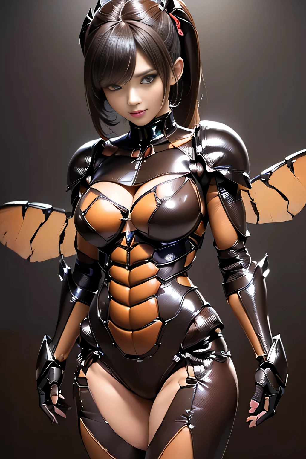 (high resolution,masterpiece,best quality,extremely detailed CG, anime, official art:1.4), realistic, photo, amazing fine details, all intricate, gloss and shiny,awesome many layers, 8k wall paper, 3d, sketch, kawaii, illustration,( solo:1.4), perfect female proportion,villainess, (fusion of dark brown cockroach and lady:1.4), (brown cockroach form lady:1.2), (brown cockroach lady:1.2), (fusion:1.2), (solo:1.4), (evil smile:1.2), muscular, abs, (cockroach brown exoskeleton bio insect suit:1.4), (cockroach brown exoskeleton bio insect armor:1.2), (brown transparency cockroach wing:1.4), (brown cockroach antennae:1.3),