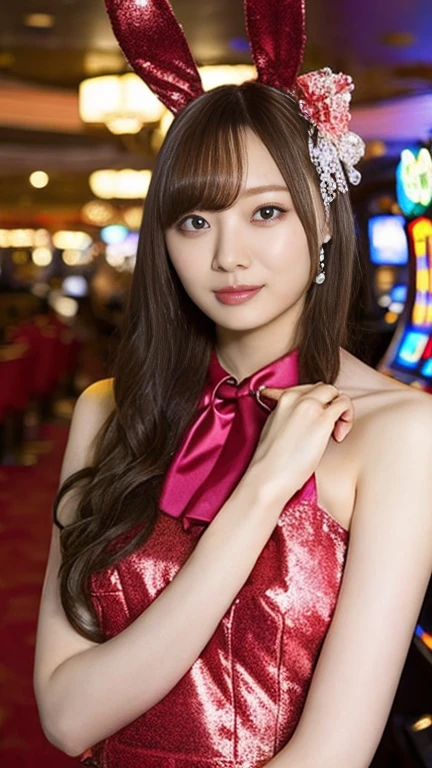 Playboy Bunny,Bunny ears, black Bunny ears, fake Bunny ears, pantyhose, black pantyhose,bow tie, Wrist cuff, Black leotard, casino,Roulette table, Poker Chips, Slot Machines,chandelier (8k, RAW Photos, Highest quality, masterpiece:1.2), (Realistic, photo-Realistic:1.4), (extremely detailed 8k wallpaper),A photo of one beautiful Japanese idol.Sexy Topless,Topless Nude,Watch and seduce your audience、Very erotic