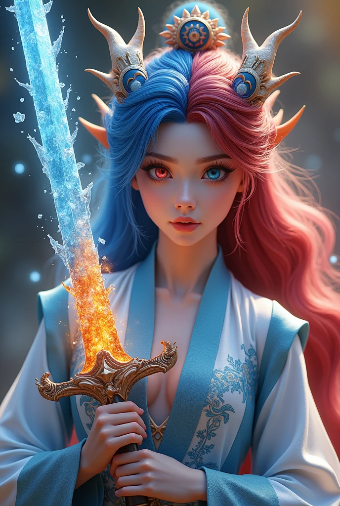 sonar-queen, ice and snow, water and fire, an axe to slay them all, color woman standing on the edge of horizon looking at the viewer, sci fi art style of the masters, close up,