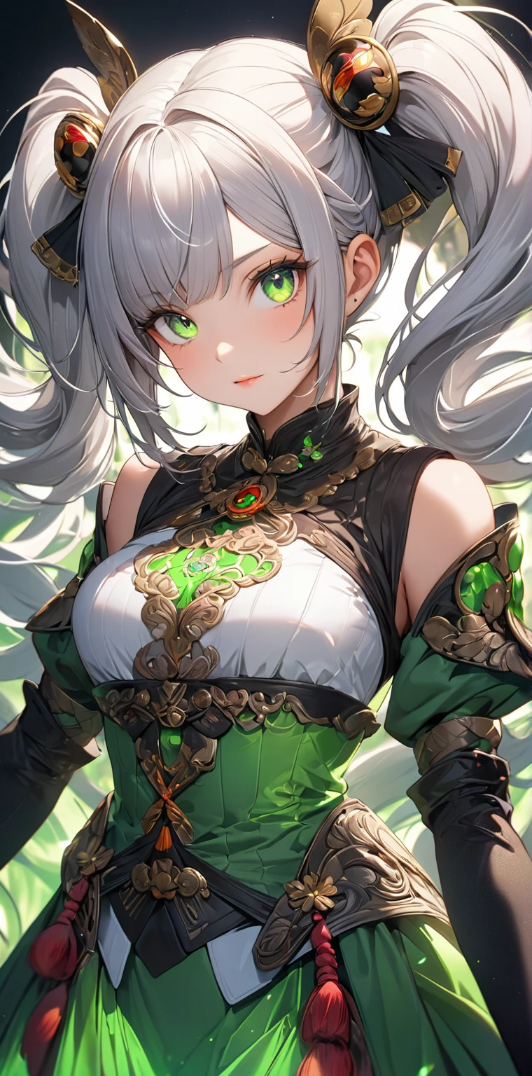 (Perfect Anatomy)、Mastepiece、Ultra High Quality、 8k、masterpiece、Highest quality、Ultra-high resolution、Maximum resolution、Very detailed、Professional Lighting、anime、woman、thin、Very beautiful face、Beautiful eyes、(Highly detailed eye)、Highly detailed face、White armor,Cross earrings,Gray Hair, hairs between eyes, Red eyes,White leotard、Gloss Lip、Pink Lips、Detailed armor patterns、grassland, full body, (((spear))), armored dress, hair accessory, gold pattern, big shoulder armor, high heels boots, green scarf, Conjuring wind with magic, Creating magical whirlwinds