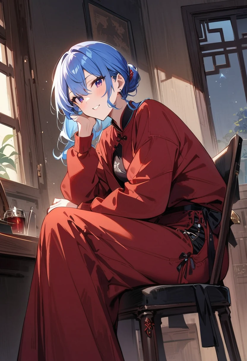 (masterpiece, Highest quality:1.2), 1 girl, alone、Star Town Suisei、Blue Hair、Star mark in the eye、Red Chinese Dress、Long skirt、（Put on a red jacket）、（Fedora）、Sit on a chair、Chinese style window、Round red sunglasses、（Chewing kissel）、cool、high resolution、Dark atmosphere