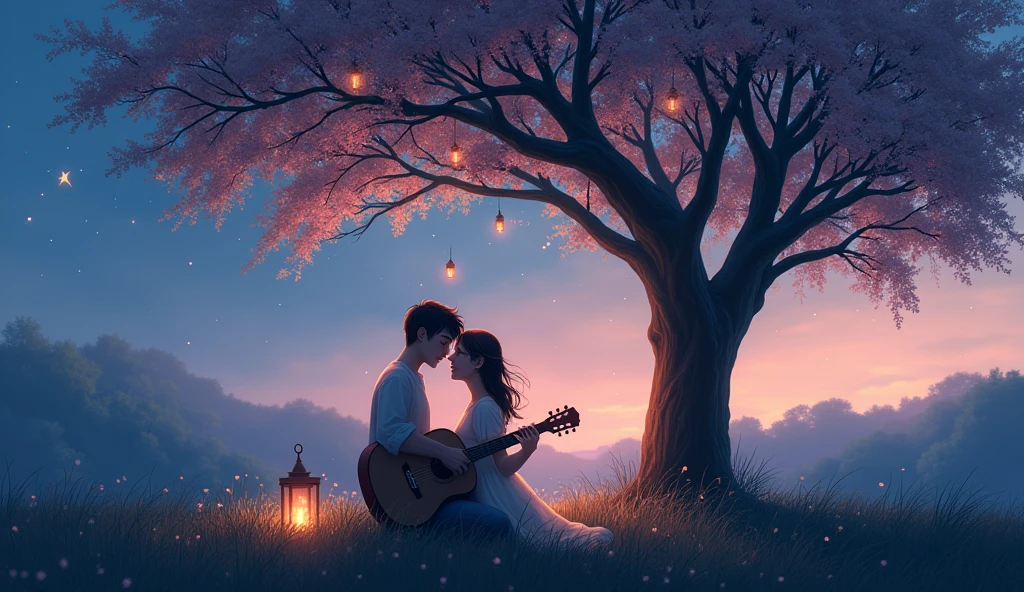 Visualize a serene, twilight setting where a young man and woman stand under a large, blooming tree in a quiet meadow. The sky is a mix of twilight blues and soft purples, with a few stars beginning to twinkle. The man, holding a guitar, is serenading the woman, who listens with a gentle, loving smile. The scene is softly lit by the glow of lanterns hanging from the tree branches, creating a warm, inviting atmosphere. The woman’s face remains slightly obscured, maintaining an element of mystery, while the man looks at her with deep affection. In the background, the landscape fades into a dreamy haze, blending seamlessly into the sky, symbolizing the connection between dreams and reality. This image should convey romance, tenderness, and a sense of fated love, perfectly matching the theme of the song "Found You in My Dreams."