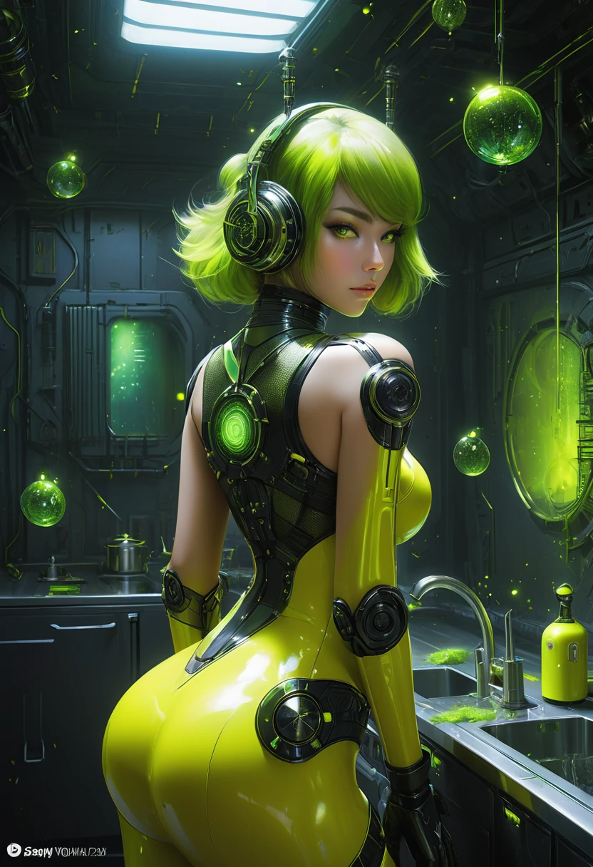 (humanoid cyborg - an alloy of carbon and tetane), (K-pop pin-up, animation) , (black, yellow and lime green), Jenny Kim, ((Funky-pop cyberpunk)), ((stands with her back to the viewer)), cyborg housewife washing dishes, feminine figure, there are many soap bubbles on it, (Legend from Sayyida al-Hurra II and the Spacepirats), Arabesque influence, Space Art, Science Fiction Art, Influence of Darkness, Kinetic Art, 3D, Metal Effect, Mixpunk, Cyberpunk, CyberTech Elements, Futuristic, Epic Style, Illustrated v3, Deco Influence, Airbrushing style, drawing, the art of Ilya Kuvshinov