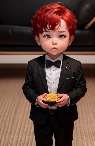 A toddler in a black suit and short red hair eats rice balls