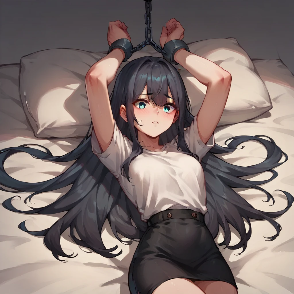 1 Mädchen, black skirt, White shirt with a big cutout in the middle, black very Long Hair, blue eyes with Long eyelaches, laying in a bed, chackles, chains, Hands over the head