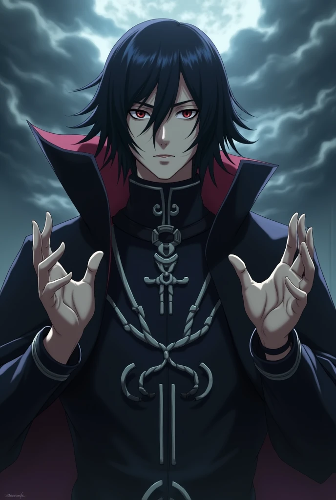 Kuroha, Sitting on a throne, skull, yellow eyes, hood, young boy, medium black hair, superior look, smirk