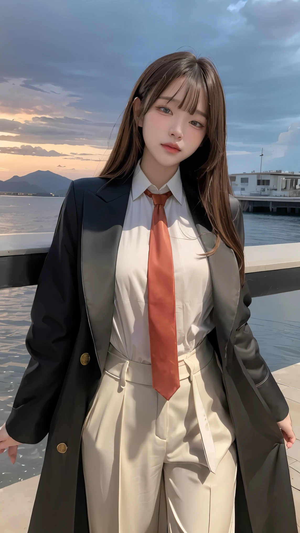 ((Masterpiece, best quality, very detailed), Volumetric light, surrounding occlusion, Rich and colorful, glow), 1 woman, lonely, young girl, (Brown bangs), long hair, radius, radius, sacred, goddess, Priesthood, (ฺBlack long suit coat with a white shirt and trousers with necktie:1.3), armor, outdoor, sunset, sky, cloud, space, (Fantasy Theme:1.2),