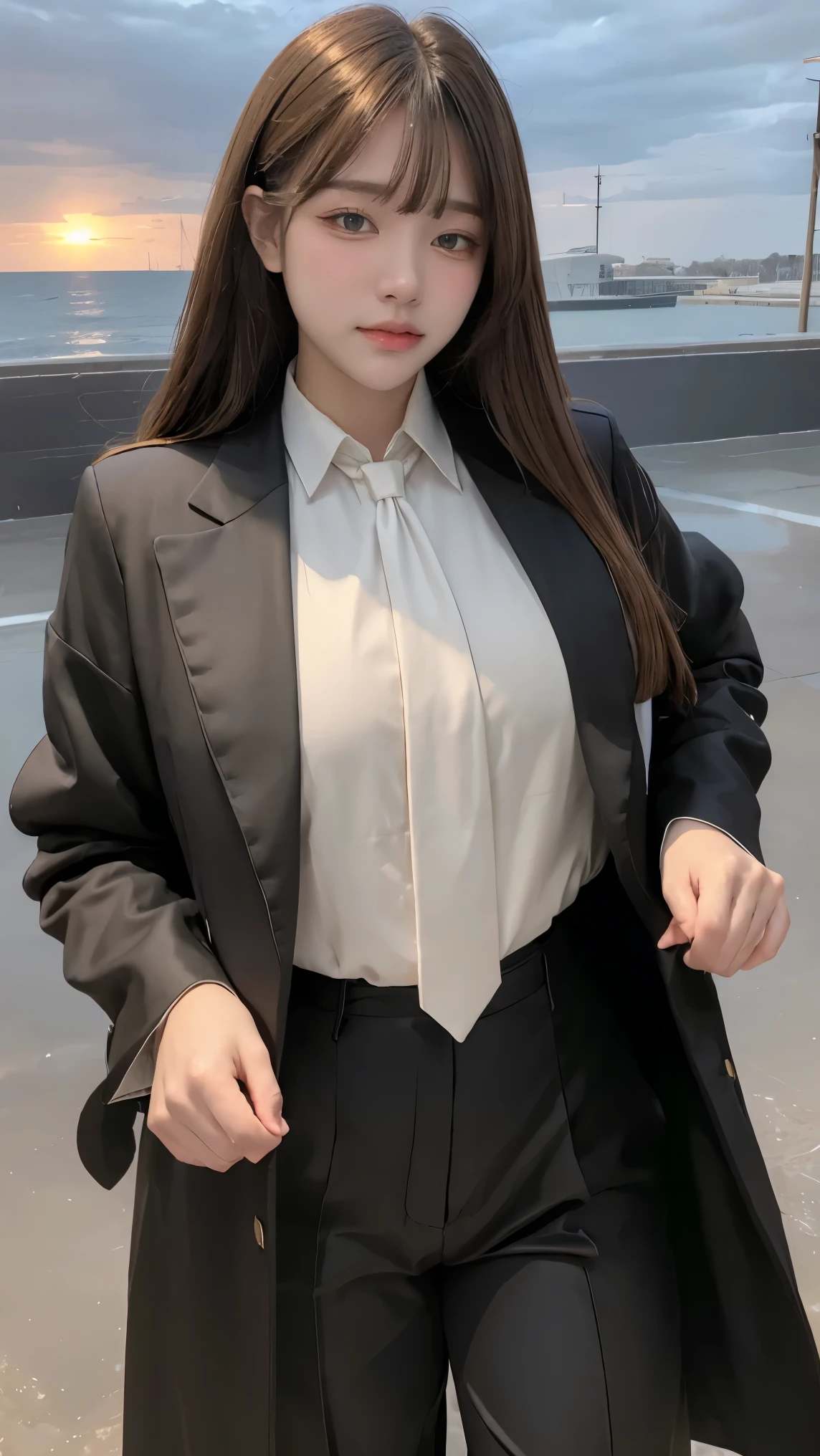 ((Masterpiece, best quality, very detailed), Volumetric light, surrounding occlusion, Rich and colorful, glow), 1 woman, lonely, young girl, (Brown bangs), long hair, radius, radius, sacred, goddess, Priesthood, (ฺBlack long suit coat with a white shirt and trousers with necktie:1.3), armor, outdoor, sunset, sky, cloud, space, (Fantasy Theme:1.2),