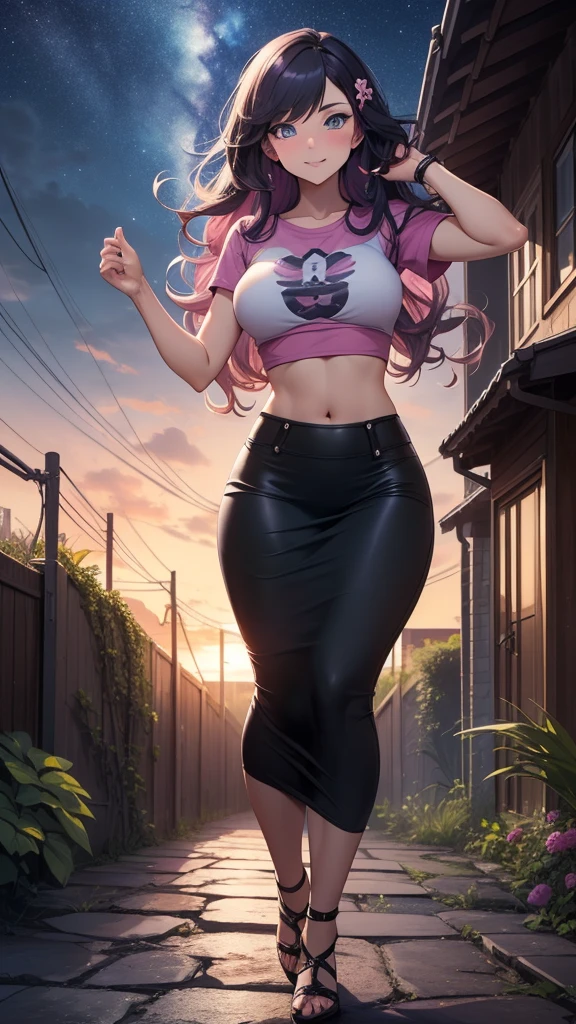 Gwen Tennyson, gwen Tennyson,green eyes, wearing earnings pink diamond, pink leather bra, pink skirt, brown orang long hair, best detailing , thighs highs, standing beside grill, wearing high heels,pink heels, big breast, youthful, pink lips, full body figure, full photo, head to toes pic, night background