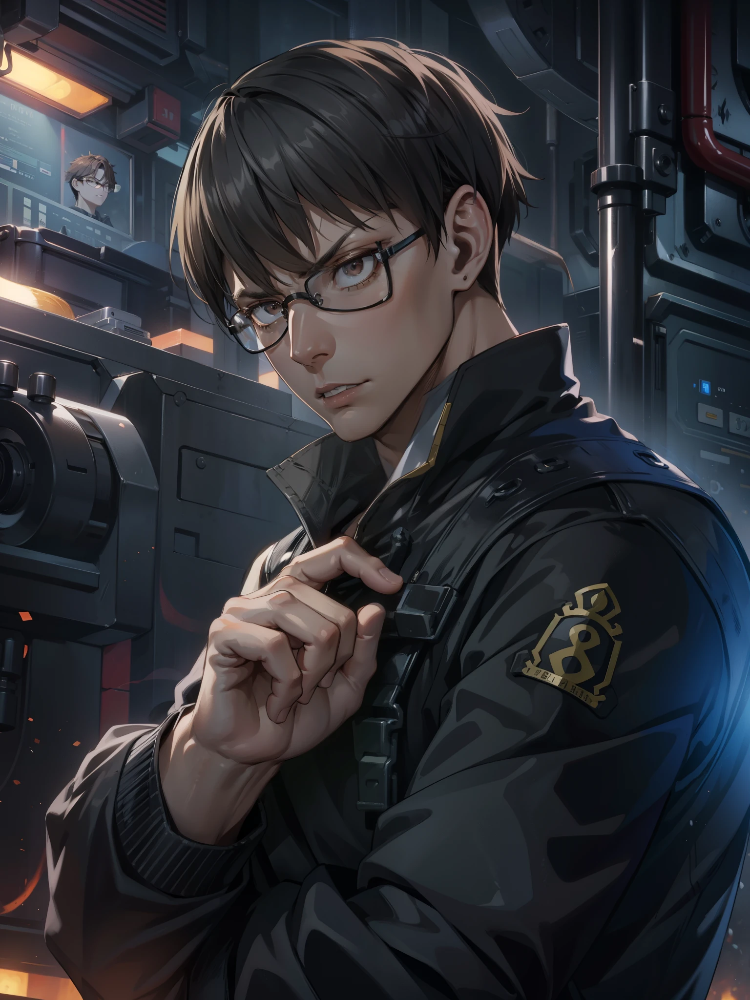 8k, Highly Detailed, Masterpiece, source_anime, best quality, beautifully detailed eyes and beautifully detailed hair, 1man, solo, young man with short brown hair and light skin, The character is wearing rectangular black glasses and has brown eyes, He has a serious expression with sharp, angular facial features, including prominent cheekbones and a defined jawline, He is dressed in a black shirt, The man is holding a hand near his face, with a serious expression and looking slightly to the side. The background consists of a grid wall with various firearms mounted on it, illuminated by a blue light. The overall scene has a serious and intense atmosphere, with a focus on the character's contemplative demeanor and the detailed background elements, the character is a member of the fire brigade