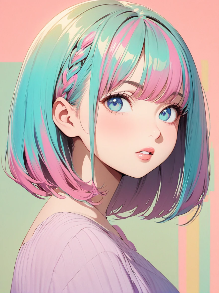 (Highest quality:1.2, City Pop Style, Very detailed, up to date, Vibrant, High Contrast, masterpiece:1.2, Highest quality, Best aesthetics), girl, ((Face Up Shot:1.4)), Colorful Hair, Bobcut, Braid, pastel colour, ((Retro, Vintage, Plain background))