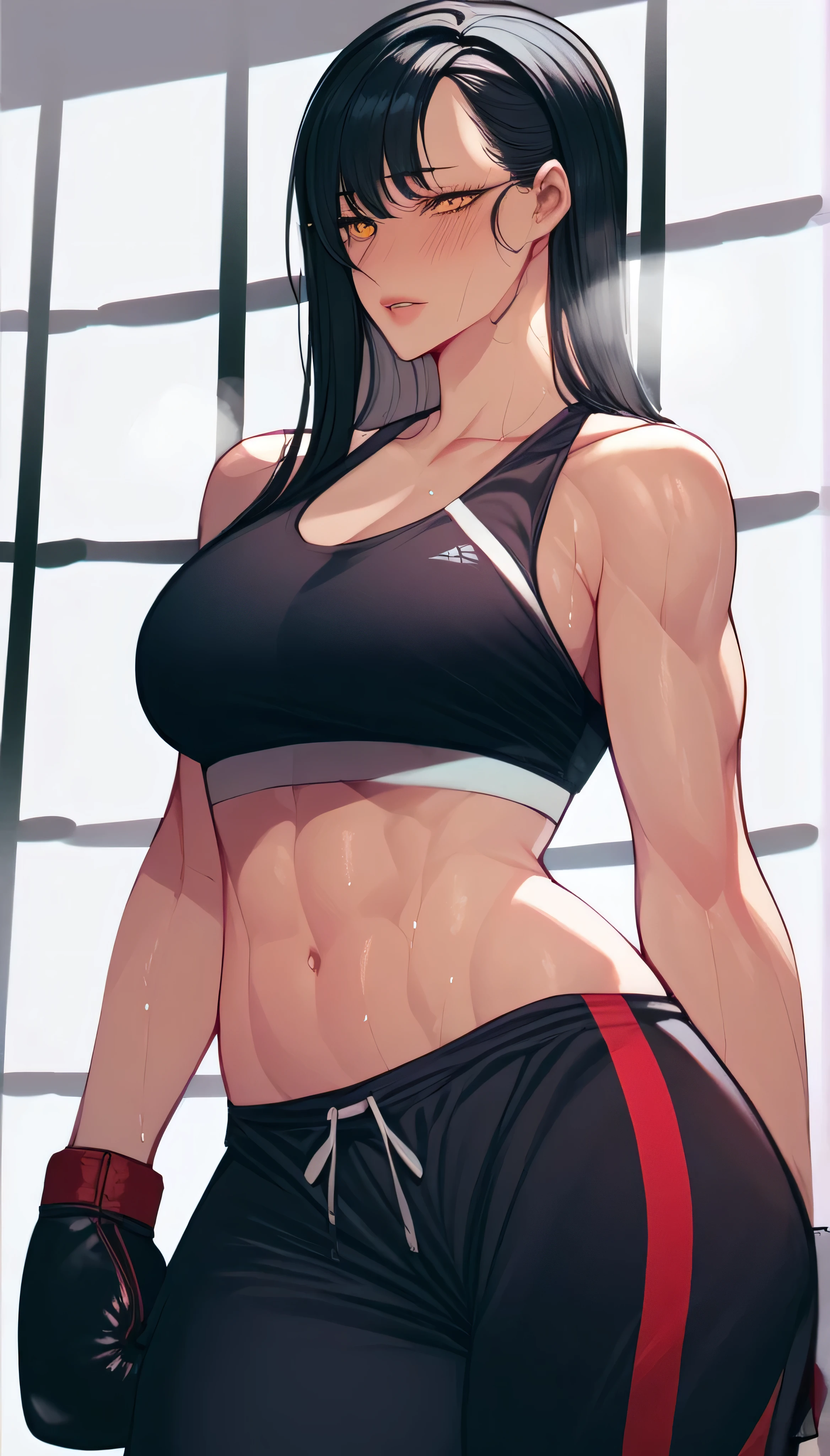 black hair,masterpiece,best quality,highres,ultra-detailed,aashizue,yellow eyes,long hair,(sports bra:1.2), boxing gloves, toned, muscular,sweating, (sleeveless:1.4)