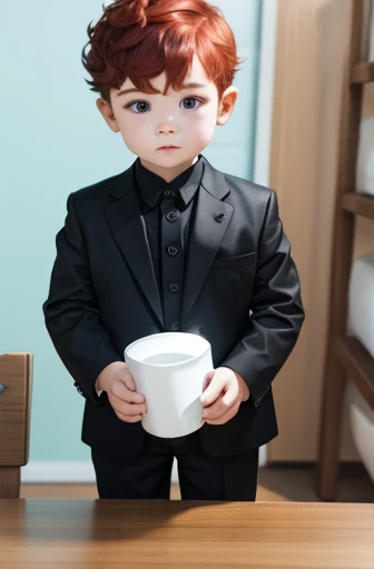 A toddler in a black suit with short red hair holds a cup