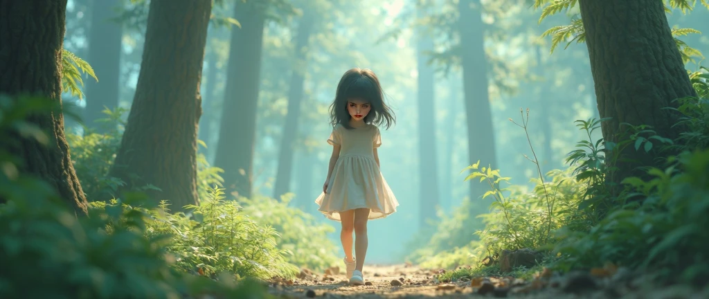 A little girl named Emilia goes for a walk in a fairytale forest, Emilia realizes:, that is lost, Face close-up