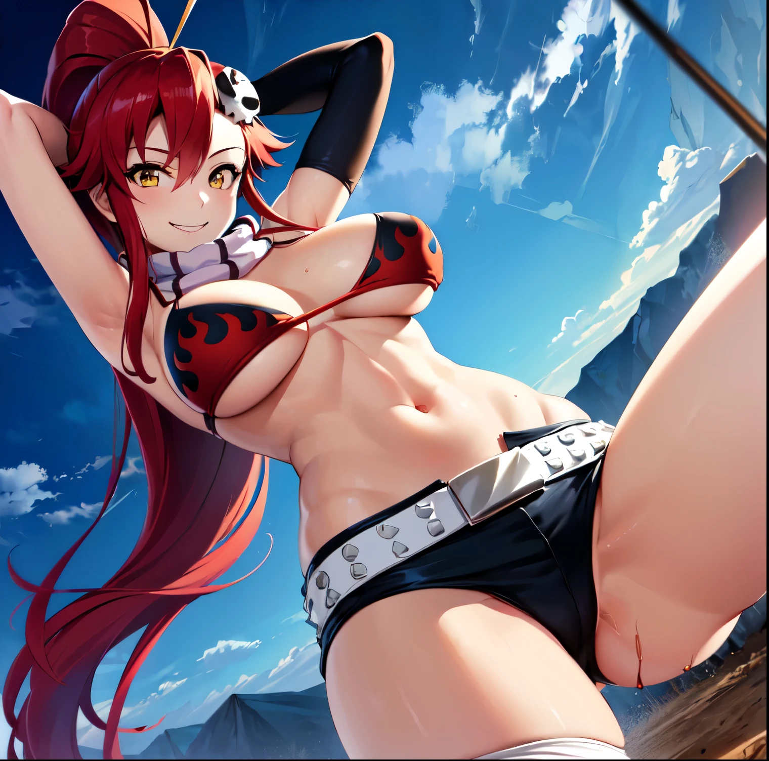 ((1 girl)), ((alone)),yoko littner, ((Extremely detailed CG unity 4k wallpaper)), (Masterpiece), (ultra quality), (Ultra detailed), (best illustration), ( best shadow ), (extremely detailed), looking at viewer, (absurdities), (detailed background), curvy body, dynamic pose, cowboy photo, large breasts, medium waist, wide hips, medium thighs, round butt,(( hair ornament, skull ornament, long hair, ponytail, red hair, long hair, yellow eyes, smile, closed mouth), anti-material rifle, bikini, bikini top, red flame print, navel, exposed waist , black shorts, short shorts, bare legs, white belt, boots, fingerless gloves, gloves, pink hosiery, rifle, scarf, striped, swimsuit, black thigh-high stockings, seductive, standing, cowboy photo, backlight, ((only)), ((Standing: 1.4, deserted wasteland, apocalyptic landscape, sunny, clouds, (sexy smile, sexy pose: 1.4), Arms crossed, arms under breasts, )), looking forward, ((focus on waist)), pov: (from below), perfect anatomy, perfect hands