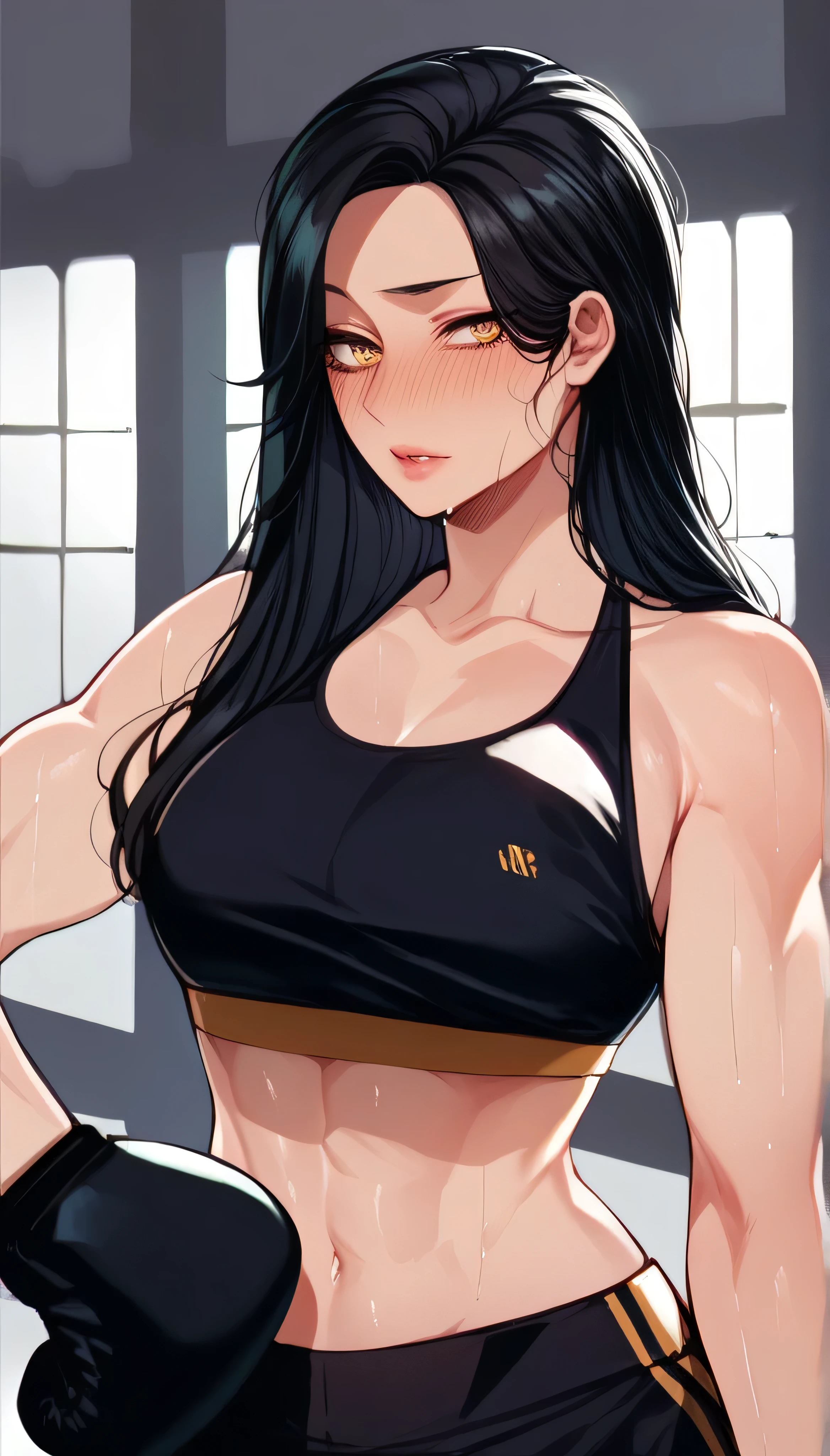 (best quality, 4k, highres, ultra-detailed), riding machine, solo, 1girl, medium breasts, long hair, cropped tank top, healthy skin, ultra-detailed eyes, glowing eyes, blush, breasts, navel, trembling, sweat, tears, steaming body,long hair, black hair