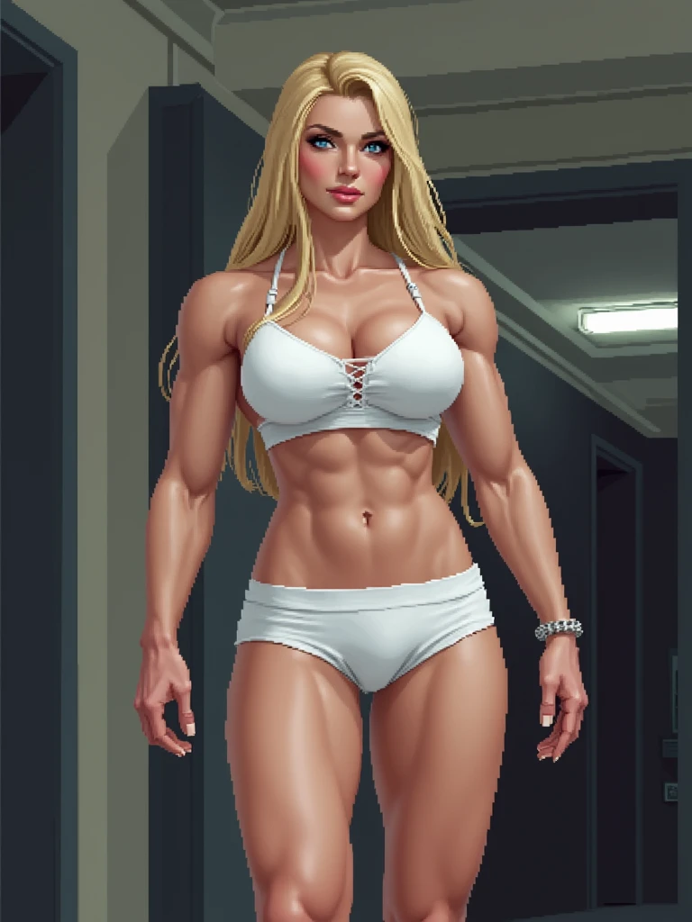 ((((masterpiece, best quality)))), ((35 year old)), (((Curvy))), ((Buff)) ((Norwegian woman with long blonde hair)), in ((white tanktop)), ((white high cut cotton panties)), ((Large Hips)), ((Standing in a cluttered locker room)), (((realistic art style)))