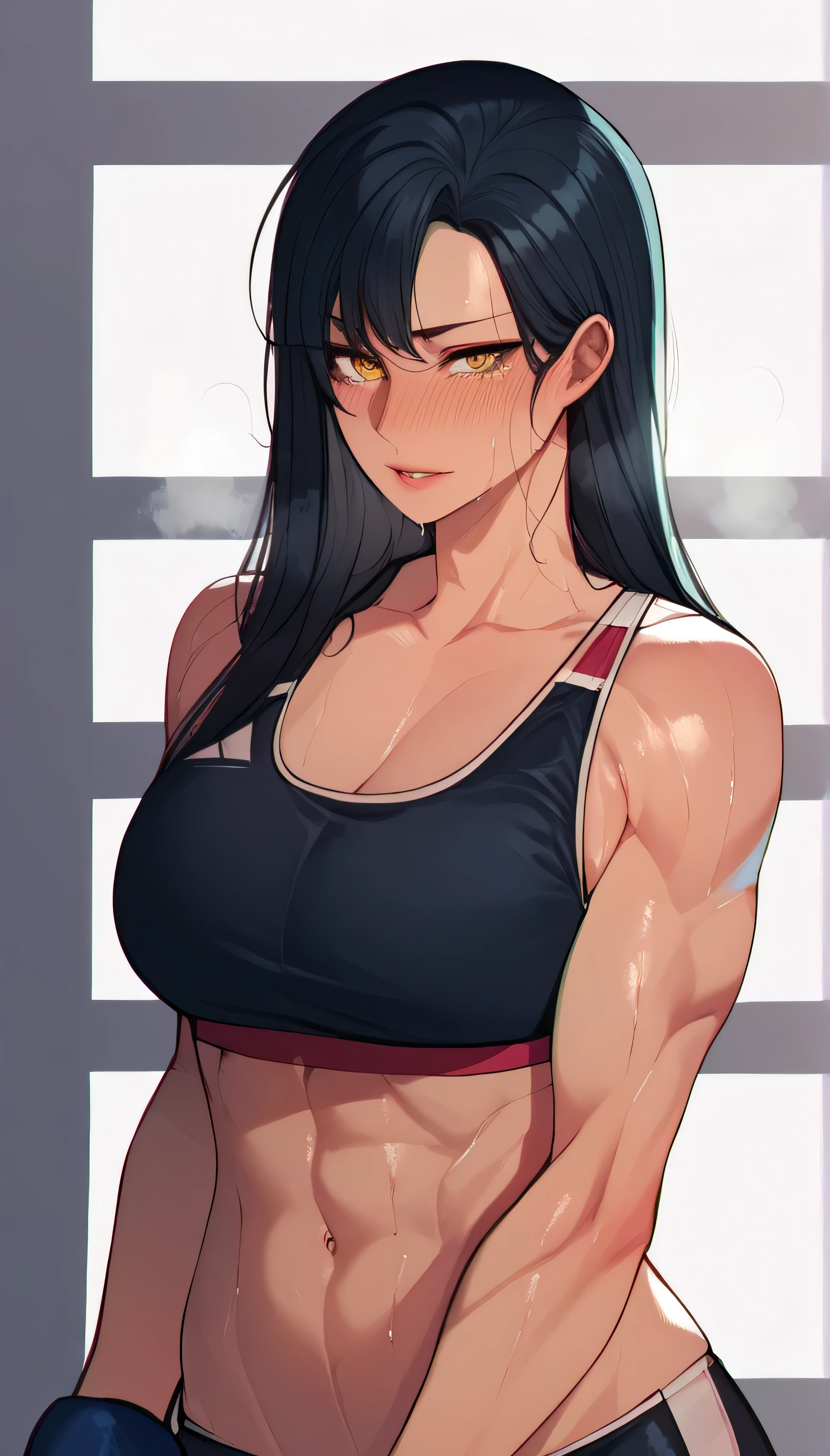 black hair,masterpiece,best quality,highres,ultra-detailed,aashizue,yellow eyes,long hair,(sports bra:1.2), boxing gloves, toned, muscular,sweating, (sleeveless:1.4)